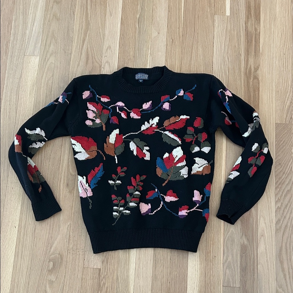 Lands' End Black Sweater with Multicolor Floral Intarsia